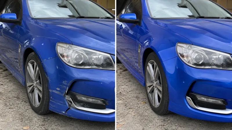 Cracked front bumper bar on a blue sedan repaired — before and after