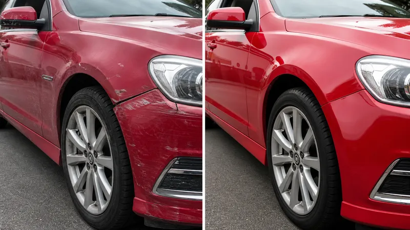 Front guard scratch on a red sedan repaired — before and after