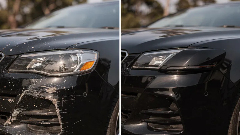 Cracked front bumper on a black sedan repaired — before and after