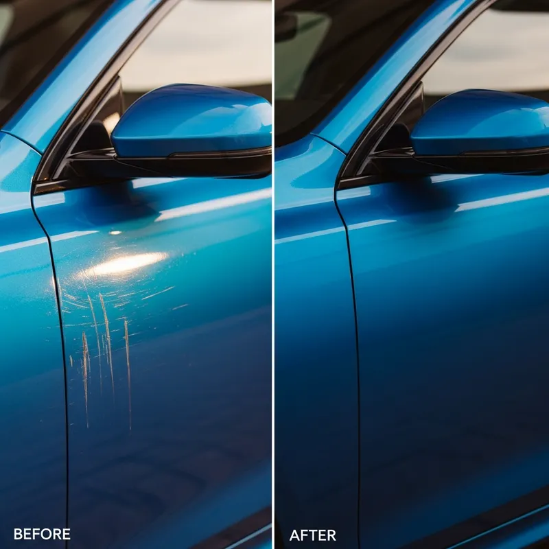 Door key scratch on a blue car repaired — before and after