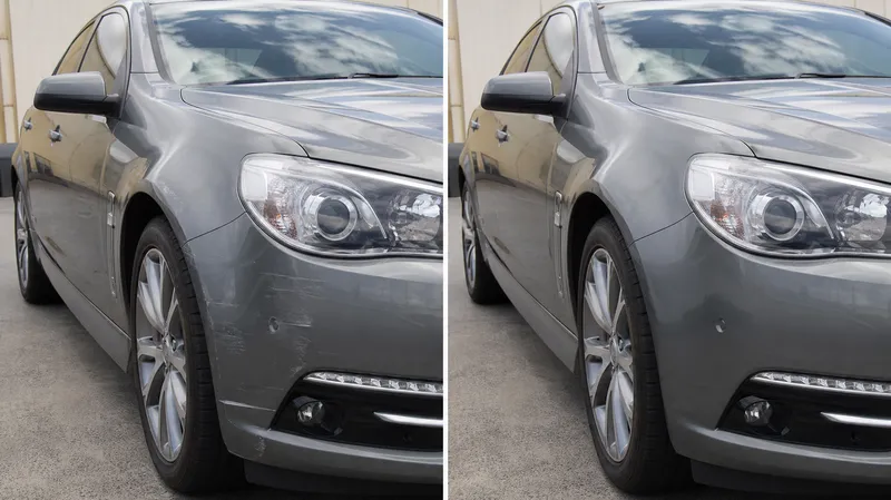Front guard dent on a silver sedan repaired — before and after