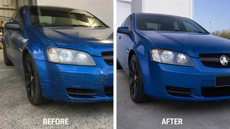 Full front-end respray on a blue sedan — before and after